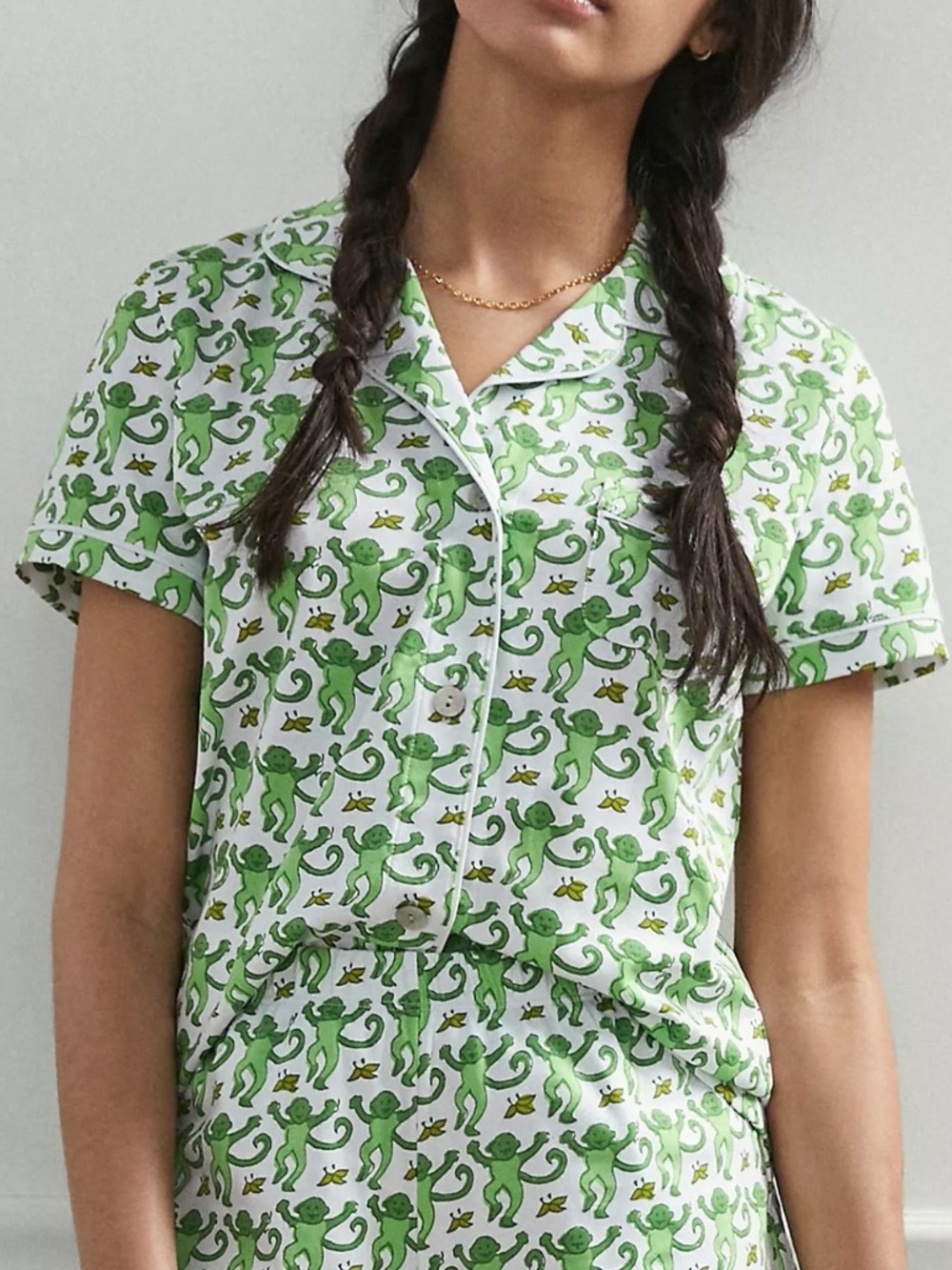 Roller Rabbit Green Monkey Polo Pajama Top L Emerald Green Cotton Button Front